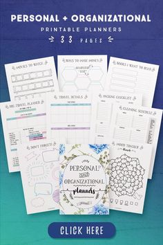 the personal planner printable is displayed on a blue background