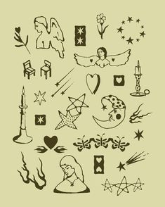 various tattoo designs and symbols are shown in this drawing style, including stars, hearts, angel