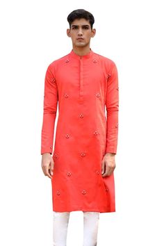 Red kurta with resham, cutdana, zardozi, pearl embroidery in hibiscus pattern. Paired with churidar. - Aza Fashions Hibiscus Pattern, Red Kurta, Kurta Patterns, Pearl Embroidery, Churidar, Kurta Set, Mandarin Collar, Aza Fashion, Full Sleeve