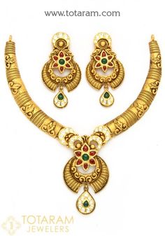 22K Gold Antique Necklace Sets - Indian Gold Jewelry from Totaram Jewelers - Totaram.com Gold Antique Necklace, Uncut Diamond Necklace, Indian Gold Jewelry, 22k Gold Necklace, Temple Jewelry Necklace, Antique Necklaces, Necklace Set Indian, 22k Gold Jewelry, Fancy Stones