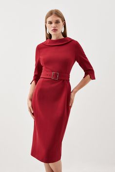 Showcasing '60S-Inspired Style, This Midi Dress Exudes A Timeless Aesthetic. A Roll Neck Design Effortlessly Blends Into The Bodycon Style, While A Buckle Belt Subtly Cinches The Waist. Pair This Piece With Heels For Workwear Or After-Dark Occasions.Tailored Dressmidi Hemlinewaist Beltroll Necklinethree-Quarter Sleeves Red 3/4 Sleeve Dress For Work, Elegant Red Midi Dress With 3/4 Sleeves, Office Dresses With 3/4 Sleeves, Chic Red Half Sleeve Dress, Half Sleeve Midi Dress For Work, Elegant Belted Midi Dress With 3/4 Sleeves, Formal Midi Dress With 3/4 Sleeve, Chic Half Sleeve Belted Midi Dress, Elegant Workwear Dress, 3/4 Length