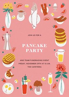 a pink party card with an illustration of pancakes, drinks and desserts on it