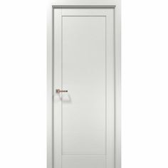 an open white door with a handle on the front and side panels, against a white background