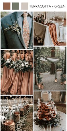 a collage of photos with different colors and details for a wedding reception in terracotta and green