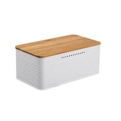 a white box with a wooden lid