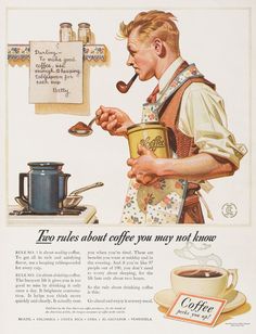 an old fashioned metal sign with a man drinking coffee and holding a spoon in his mouth