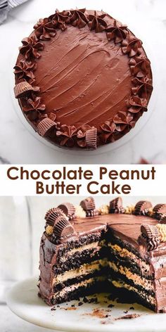 chocolate peanut butter cake cut in half and served on a plate with the rest of the cake