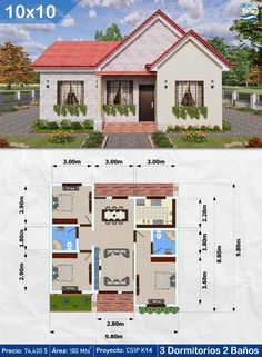 two story house plan with 3 bedroom and 2 bathroom in the front, one living room on