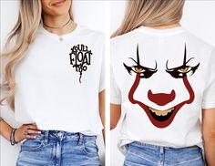 two pictures of a woman wearing a t - shirt with an evil face on it