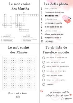 four different crossword puzzles with words in french and english on the same page, one is