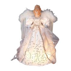 an angel figurine with lights on it's chest and wings, dressed in white