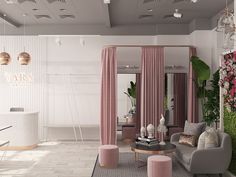 a living room filled with furniture and pink curtains