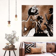 a living room filled with furniture and a painting on the wall above it's couch