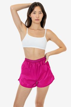 RNF314 - Women's Nylon Track Shorts – Los Angeles Apparel Sporty Crop Top With Built-in Shorts, Athleisure Shorts For Summer, Summer High Waist Nylon Athletic Shorts, High Waist Nylon Athletic Shorts For Summer, Summer Athleisure Shorts With Short Inseam, Athleisure Shorts With Short Inseam For Summer, Athleisure Shorts With Elastic Waistband For Summer, Summer Athleisure High-waisted Pajama Shorts, Stretch Nylon Crop Top For Summer