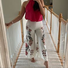 Beautiful White Floral Pants From Zara. So Sad I Have To Sell But Too Tight On Me! Brand New With Tag! Waist Is A Little Bit Over 13 Inches Laying Flat Ships Same Day White Floral Print Trousers, White Floral Print Ankle-length Bottoms, White Floral Print Ankle-length Pants, Feminine Floral Print Wide Leg Bottoms, Feminine Floral Print Wide-leg Bottoms, White Floral Print Summer Pants, White Floral Print Pants For Summer, Chic Floral Print Pants For Day Out, Chic White Floral Print Wide Leg Pants