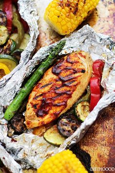 grilled chicken and vegetables wrapped in foil