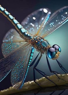 a blue dragonfly sitting on top of a wooden branch with water droplets all around it