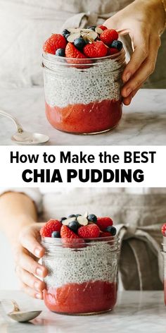 two jars filled with chia pudding and topped with berries