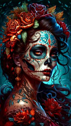 a woman with blue makeup and flowers in her hair, wearing an elaborate day of the dead make - up