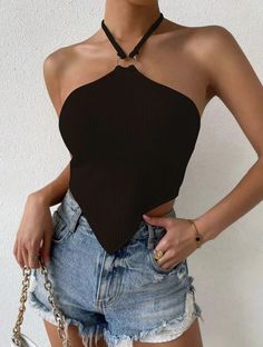 Lasaky - Solid Color Irregular Spaghetti Strap Tank Top Strap Tank Top, Round Neck Shirt, Brown Outfit, Spaghetti Strap Tank Top, Swimwear Sets, Solid Tops, Matching Couples, Embroidered Top, Olivia Mark