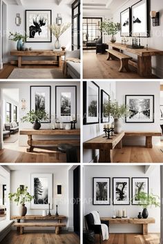 four different pictures of a living room with wood floors and white walls, all showing the same furniture