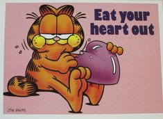 a sign that says eat your heart out with a cartoon cat holding a purple object