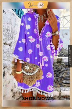 Women Boho Holiday Floral Tassel Sweet V Neck A-lined Mini Summer Dresses Pink Beach Dresses With Tassels, Purple Casual Dress For Beach Season, Purple Floral Print Dress For Beach Season, Purple Boho Summer Vacation Dress, Spring Tassel Mini Dress, Casual Boho Dress With Tassels For Beach, Purple Printed Dress For Vacation, Beach Season Dresses With Tassels, Spring Vacation Boho Dress In Purple