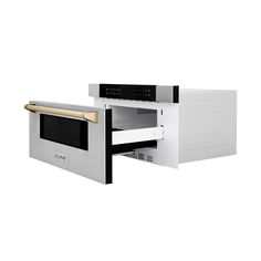 an oven with its door open on a white background and no one in the photo