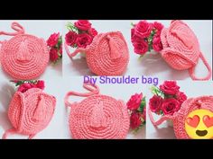 crocheted purses with flowers and embellishments on them are shown