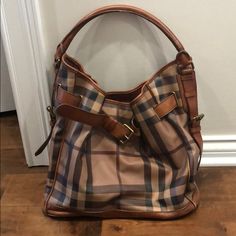 Excellent Used Condition Authentic Shoulder Bag Leather And Heavy Coated Canvas Burberry Bucket Bag, Burberry Bag, Leather Shoulder Bag, Bucket Bag, Leather Bag, Burberry, Bag Lady, Shoulder Bag, Canvas