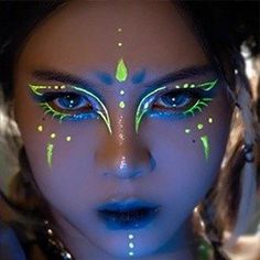 Glow Face Paint, Black Light Makeup, Neon Face Paint, Uv Makeup, Festival Face Paint, Futuristic Makeup, Alien Makeup, Neon Makeup, Rave Makeup