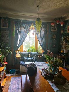 a cat sitting on top of a wooden table in a living room next to a window