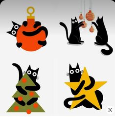 four black cats with christmas ornaments hanging from them