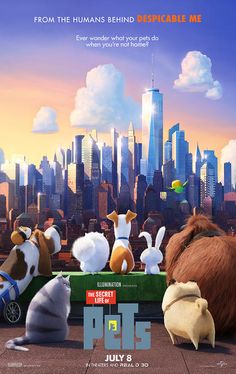 the secret life of pets movie poster with dogs and cats sitting on a park bench