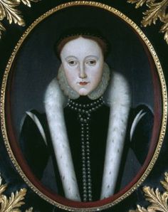 an oval portrait of a woman in black and white with gold trimmings, wearing a fur collar