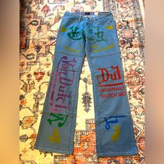 Vintage Y2k Von Dutch All Over Logo Print Jeans. Low Rise Fit. Fits 28 Waist Best. 100% Cotton. Iconic Piece. Never Worn. Blue Graphic Print Y2k Bottoms, Y2k Blue Graphic Print Bottoms, Y2k Blue Bottoms With Graphic Print, Blue Y2k Graphic Print Bottoms, Von Dutch Outfit, Dutch Outfit, Von Dutch Jeans, Y2k Von Dutch, Fire Shoes