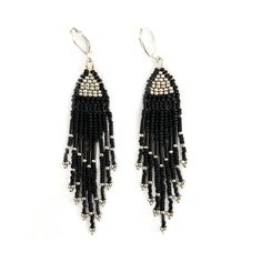 Fringe drop earrings with handmade black and galvanized silver Miyuki beaded fringe.  Lever back secure closure with customization and packaging options available. Black Dangle Jewelry With Beaded Fringe, Black Beaded Fringe Earrings As Gift, Black Beaded Fringe Tassel Earrings As Gift, Silver Fringe Beaded Earrings For Gift, Silver Beaded Fringe Earrings For Gift, Black Fringe Dangle Jewelry, Black Dangle Jewelry With Fringe, Black Beaded Sterling Silver Earrings, Silver Adjustable Earrings With Beaded Fringe