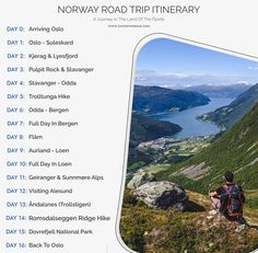 the norway road trip itinerary is in english and german, with an image of a person sitting on top of a mountain