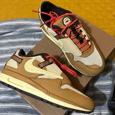 Nike Airmax 1/ Travis Scott “Cactus Jack” Womens Size 6 Wheat/Lemon Drop-Baroque Brown Custom Brown Leather Sneakers With Air Max Cushioning, Nike Airmax 1, Travis Scott Cactus Jack, Confessions Of A Shopaholic, Cactus Jack, Lemon Drop, Travis Scott, Shoes Nike, Womens Shoes Sneakers