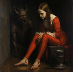 a painting of a woman sitting in front of a demon with her foot on the ground