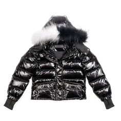 Black With Black And White Fur Cropped Black Fur Coat, Luxury Black Hooded Puffer Jacket, Black Puffer Jacket With Fur Hood, Black Luxury Faux Fur Outerwear, Winter Long-sleeve Fur Coat With Double-lined Hood, Winter Hooded Jacket With Faux Fur Trim, Long Sleeve, White Fur, Kids Jacket, Jackets & Coats