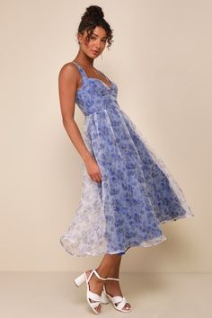 Delightful Impulse Blue Floral Organza Bustier Midi Dress Floral Midi Bridesmaid Dress, A Line Midi Dress Casual, Blue Spring Dress With Lined Bodice, Spring Blue Dresses With Lined Bodice, Blue Dress With Lined Bodice For Spring, Blue Dress With Boned Bodice And Spaghetti Straps, Summer Blue Dress With Boned Bodice, Summer Organza Dress With Fitted Bodice, Spring Organza Dress With Boned Bodice