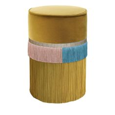 a yellow stool with fringes on it and a brown ottoman in the middle, against a white background