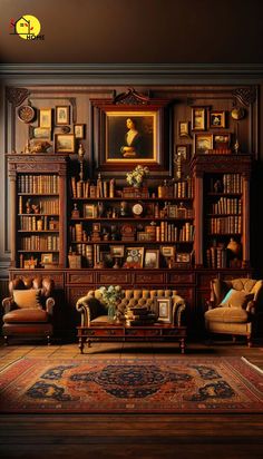 a living room filled with lots of furniture and bookshelves covered in pictures on the wall