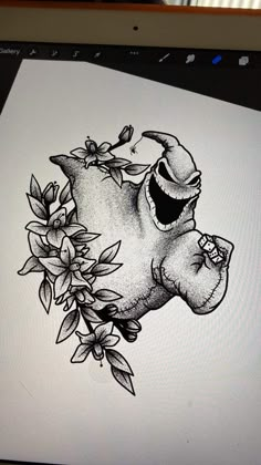 a drawing of an elephant with flowers on it's chest and head in the shape of a teapot