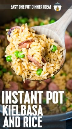 instant pot kielbasa and rice recipe on a spoon with the title overlay