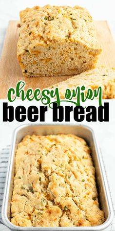 a loaf of cheesy onion beer bread on a cutting board and in a pan