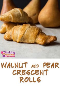 three different types of pastries on a table with the words, walnut and pear crescent rolls