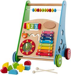 a wooden toy with lots of colorful toys