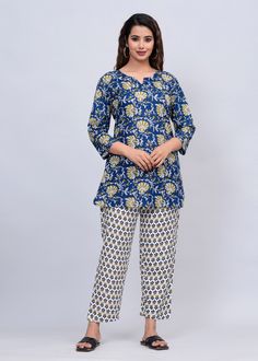 - Item Details :- Regal Blue Printed Pure Cotton Night Suit Set For Women Cotton Kurti For Women * Regal Blue Kurti * Pajamas have Pockets too * Ethnic motifs printed * Keyhole neck, three-quarter, regular sleeves * Pure Cotton - Materials Used To Make This Top :- * Kurti Fabric : 100% Pure Cotton * Pyjama Fabric : 100% Pure Cotton - Fabric Care :- Machine Wash in cold water (30 degree C or low) to avoid shrinkage. Line-dry in shade to avoid yellowing. For whites, wash with non-chlorine bleach o Tunics For Women Indian, Cotton Kurti For Women, Blue Kurti, Cotton Night Suit, Indian Tunic, Ethnic Motifs, Keyhole Neck, Cotton Kurti, Night Suit